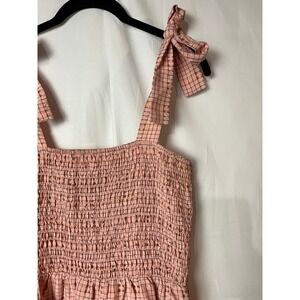 FORE Midi Dress Womens Large Pink Check Smocked Tie Shoulder Tiered Cotton Blend